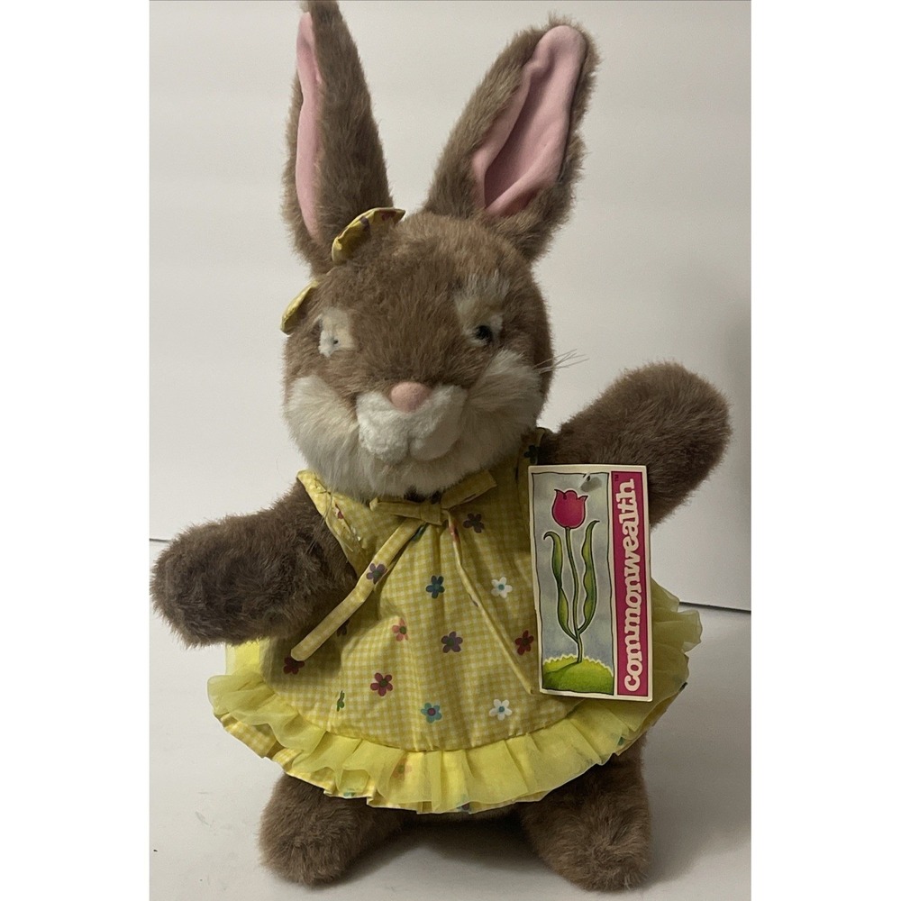 Commonwealth Plush Bunny Rabbit Toy Gingham‎ Flower Dress Easter Stuffed Animal